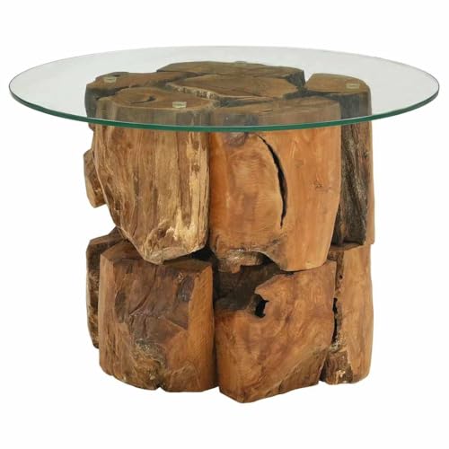 vidaXL Rustic Round Coffee Table, Solid Teak Driftwood Base with Tempered Glass Top, Handmade, Unique Modern Design, 23.6