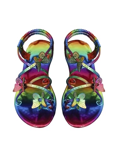 GORGLITTER Girl's Cute Sandals Rainbow Strappy Criss Cross Butterfly Appliques Ankle Strap Dress Slides Shoes