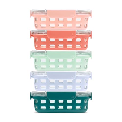 Ello Duraglass 3.4 Cup Meal Prep Sets 10Pc, 5 Pack Set- Glass Food Storage Container with Silicone Sleeve and Airtight BPA-Free Plastic Lids, Dishwasher, Microwave, and Freezer Safe, Melon