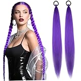 2 piezas Extensiones de cabello púrpura de 26 pulgadas Extensión de cola trenzada recta con corbata elástica para mujeres, extensiones de cabello