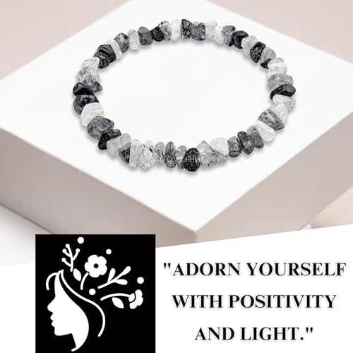 Image of Certified Black Rutilated Quartz Bracelet for Women Men with Healing Crystal and Reiki Stone - Beautiful Gemstone Beaded Bracelet for Balance, Harmony & Positive Energy (Chips Stone Beads)