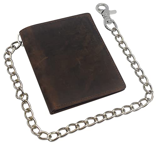 MARSHAL Vintage Leather RFID Blocking Hipster Bifold Biker Long Chain Men's Wallet (Brown With 15inch Nickle Chain)4