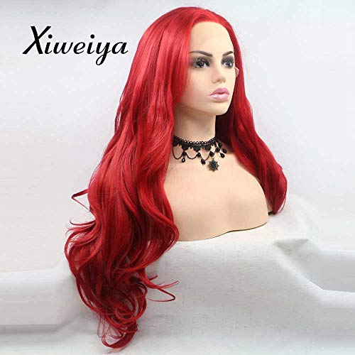 Xiweiya Wigs Mermaid's Long Red Hair Side Part Synthetic Lace Front Wigs With Heat Resistant Fiber Red Color Soft Nature Wave Wig For Women, Drag Queen Cosplay Hair Replacement Wig 24 Inch #TOP1