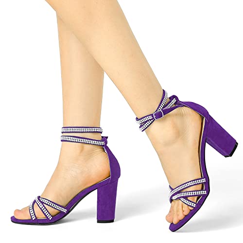 Allegra K Allegra K Women's Rhinestone Ankle Strap Chunky Heel Purple Sandals 8 M US