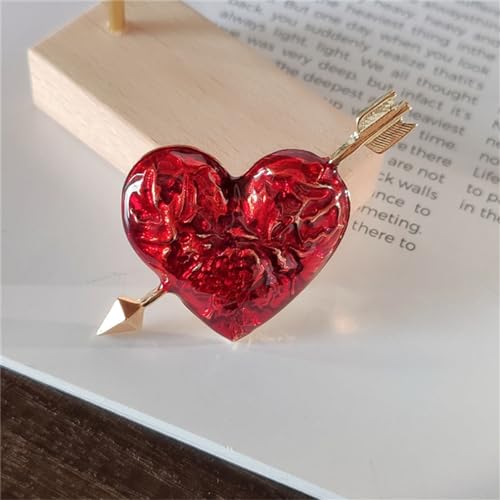 Image of Heart-Shaped Valentine's Day Brooch Pin - Retro Oil-Dripped Flower Design With Red Cupid's Arrow - Exquisite Collar Pin Love-Themed Badge Gift for Ladies and Girls