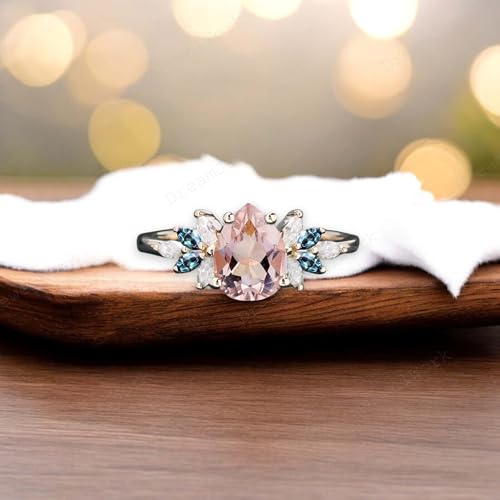 Pear Morganite Engagement Ring Set Solid Yellow Gold Flower Ring Leaf Moonstone Enhancer Band, Alexandrite Twig Branch Ring Diamond Cluster Wedding Jewelry Gift3