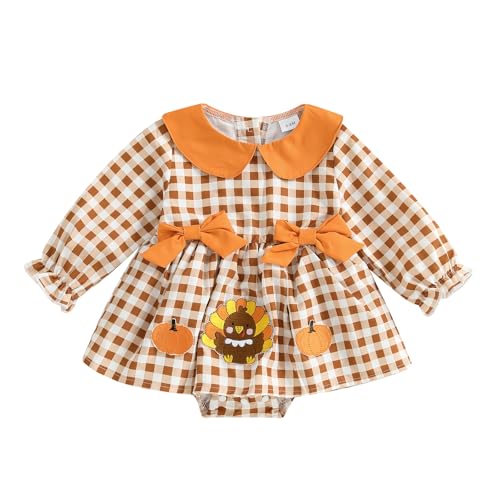 My First Thanksgiving Baby Girl Outfit Newborn Turkey Romper Dress Plaid Doll Collar Skirt Hem Jumpsuit Fall Clothes
