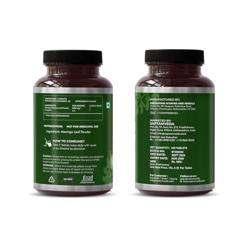 SAPTAMVEDA Organic Moringa Tablets, Drumstick Leaf Tablets 240 Tablets, 500mg | 100% Organic