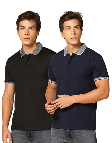 Image of INKKR Men's Solid Polo Collared Neck T-Shirt Combo (Black,Navy)-XS