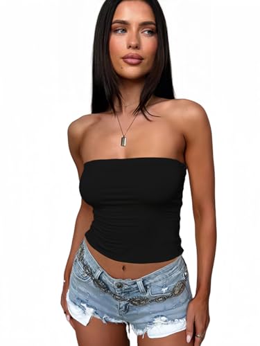 Sukiglam Tubo Top Mujer Sexy Camiseta Sin Mangas Slim Fit Crop Tops Verano Corto Camisetas Sin Tirantes Básico Elástico Tank Top Bandeau Causal Shirt Sin Espalda Going out Y2K Aesthetic Clothes