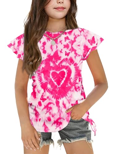 Arshiner Girls Shirts Heart Pattern Tie Dy Girls Short Sleeve Tops Ruched Knot Side Casual Blouses Kids Summer Tee Tops 10-11 Years
