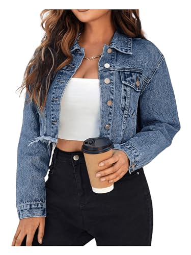 MakeMeChic Women's Cropped Jean Jacket Casual Long Sleeve Ripped Frayed Hem Denim Jacket4