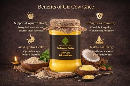 Image of Village-Organica A2 Gir Cow Ghee, 1Ltr(500mlx2) | Traditional Bilona Method | Grass-Fed Desi Gir Cow Milk | Pure, Nutritious & Premium Glass Bottle Packaging | A2 Ghee Bilona Method