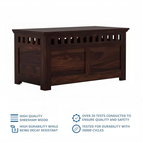 Image of Amazon Brand - Solimo Novae Solid Sheesham Wood Storage Trunk | Wooden Box Chest for Clothes Linen Storage for Bedroom Living Room and Home (Walnut Finish)