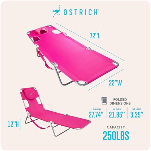 Image of Ostrich the Original Chaise 72 x 22 Inch Lounge Portable Reclining Lounger, Outdoor Patio, Beach, Lawn, Camping, or Pool Tanning Chair, Pink