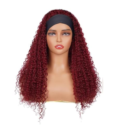 Image of XSY Headband Wig Human Hair Kinky Curly 99J Burgundy Headband Wigs for Black Women Deep Curly Human Hair Wigs None Lace Front Wig 150% Density 26 Inch