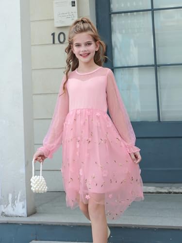 DAXIANG Girls Puff Long Sleeve Contrast Mesh Embroidery Tulle Flower Girl Dress Formal Wedding High Low Dress 5-14 Years2