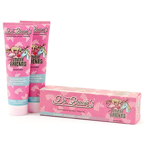 Dr. Bauer's Lovely Friends Pasta de dientes con motivos brillantes, muchos sabores geniales, pasta de dientes para niños y adultos, embalaje sostenible, 90 ml por tubo de unicornio, 2 unidades (2 x 90