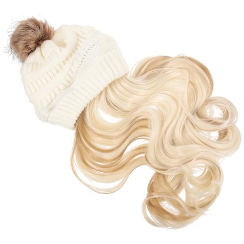 Bonnet tricoté blanc en laine haut de gamme avec postiche de cheveux amovible chic