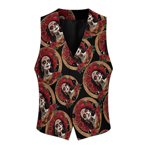 Day of The Dead Rose Skull Goth Men's Suit Vests Business Formal Dress Vest V-Neck Waistcoat for Wedding Casual4