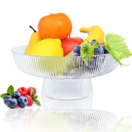 Wuqoioo Glass Bowls, Large Glass Serving Bowl Vintage Fruit Bowl Ribbed Pedestal Bowl, Round Pedestal Bowl For Fruit, Vegetable, Salad And Dessert, Candies