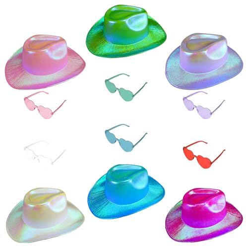 12 Pcs Holographic Space Cowgirl Hat with Heart Glasses Neon Sparkly Cowboy Hat Disco Cowgirl Hat for Women Party (Multicolor)