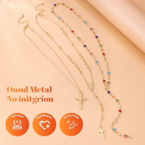 Image of SANNIDHI 3Pcs Necklace for Woman Gold Metal Cross Pendant Necklaces Layered Multi-colored Rhinestone Chain Stack Necklace Set for Women Stylish