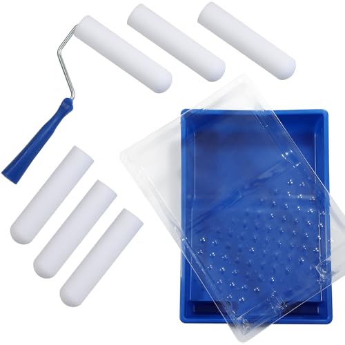 Juego de mini rodillos de pintura de espuma de 8 piezas, Rodillo de espuma con asas de goma, rodillo pequeño y bandeja para pintar madera y metal, zócalos, alféizares de ventanas, puertas