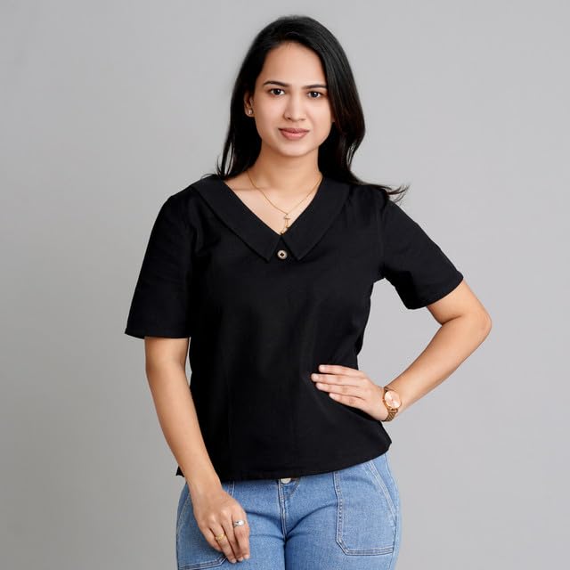 Image of Cotton Linen Regular Fit Half Sleeve Black Casual Wear Top Stylish for Women with Collar and Button Stylization