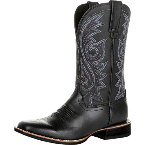 Shije Work Boots for Men Western Square Toe Cowboy Boots Retro Leather Embroidery Casual Chunky Heel Wide Calf Pull On Boots, Black, 10.5