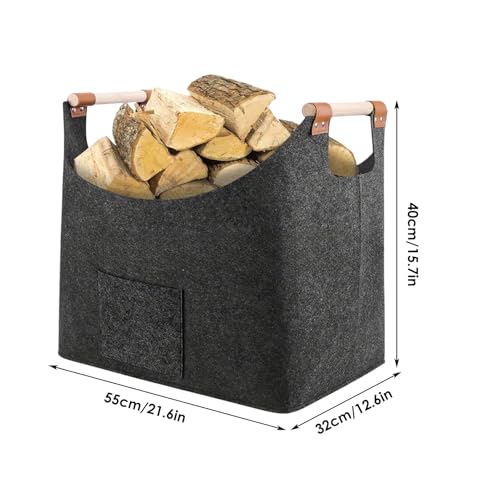 Filz Holzkorb - 55x40x32cm grauer Lagerraum, Kamin, tragbarer Griff Protokollhalter | Schwere Holzkiste für Winterlagerung, Wohnzimmer auf Kamintransport