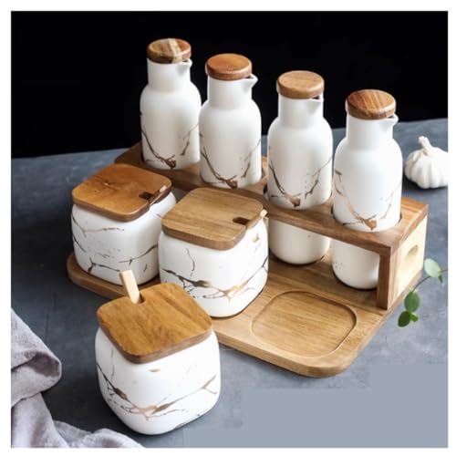 CAFIEDR Juego de recipientes para condimentos, Recipiente para condimentos, Recipiente para Especias, Caja de condimentos de cerámica con Tapa de Cuchara para Cocina casera, Caja(Blanco)
