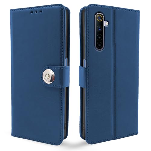Image of Pikkme Realme 6 / 6i Flip Cover Leather Finish | Inside TPU with Card Pockets | Wallet Stand and Shock Proof | Complete Protection Button Flip Case (Blue)