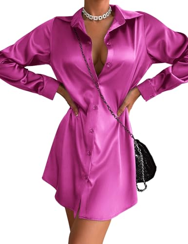 Zeagoo Red Dress Long Sleeve Stain Button Front Short A-Line Mini Length  Summer Dress 2025,Small at Amazon Women's Clothing store