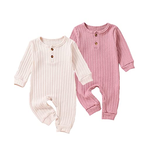 Image of BeiVSlley Newborn Baby Boy Girl 2 Pack Button Solid Romper Infant Long sleeve Knit Cotton Footless Outfits Clothes,Pink+Beige,3-6M