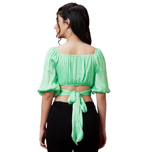 Image of Globus Women Green Solid Back Tie-Up Party Crop Top-3639937001