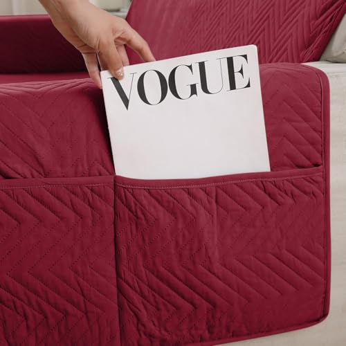 Image of HOKIPO Polyester 3 Seater Quilted Sofa Cover with Pockets, Maroon (NEW-IN-803-MRN)