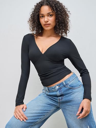 CIDER Going Out Tops Long Sleeve Top Ruched V Neck T Shirt Elegant Slim Fit Tee Basic Tops V Neck Long Sleeve Top2