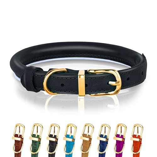 OOPSDOGGY Reflective Rolled Leather Dog Collar for Small Medium Large Dogs Puppy 8 Colors, 7 Sizes (Black, S, 10"-13")