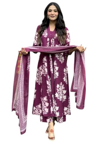 Kurta en viscose violet avec pantalon et dupatta imprimé floral pour femme
