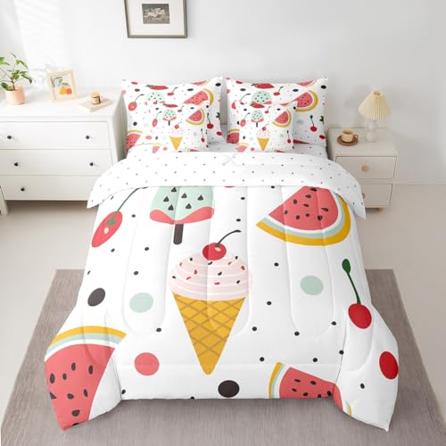 Feelyou Kawaii Fruits 7 Piece Bedding Set Watermelon Strawberry Comforter Set with Sheets for Kids Boys Girls Ice Cream Dot Styles Bed in a Bag Full Size Bed Set