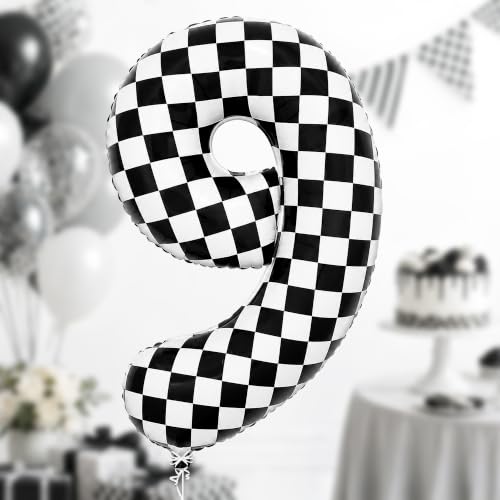 Image of KatchOn Checkered Number 9 Balloon - 40 Inch | 9 Balloon Number