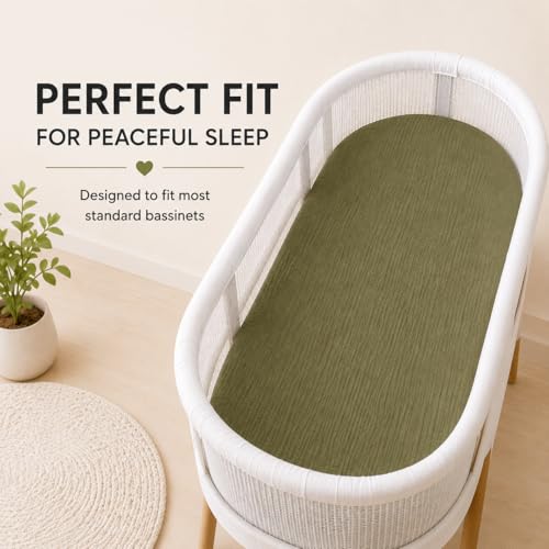 Image of Muslin Bassinet Sheets, 3-Pack 100% Cotton Fitted Bassinet Mattress Sheets, Olive Green, Universal Fit 33x17x4