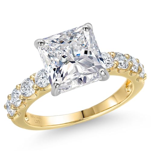 Gem Stone King 1.60-5.80 Cttw IGI Certified Lab Grown Diamond 14K Yellow and White Gold Engagement Ring For Women | D-E Color | VS1 Clarity | Wedding Anniversary Ring | Princess Cut | Center 1ct | 7