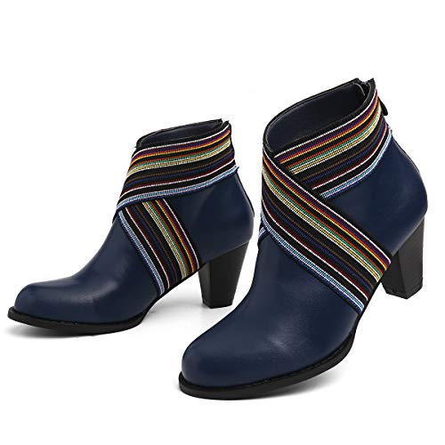 Camfosy - Botines clásicos para mujer con tacón, botas cortas, botas para gatito, cálidos, elegantes y antideslizantes, cómodos y elásticos, color Azul, talla 39 EU