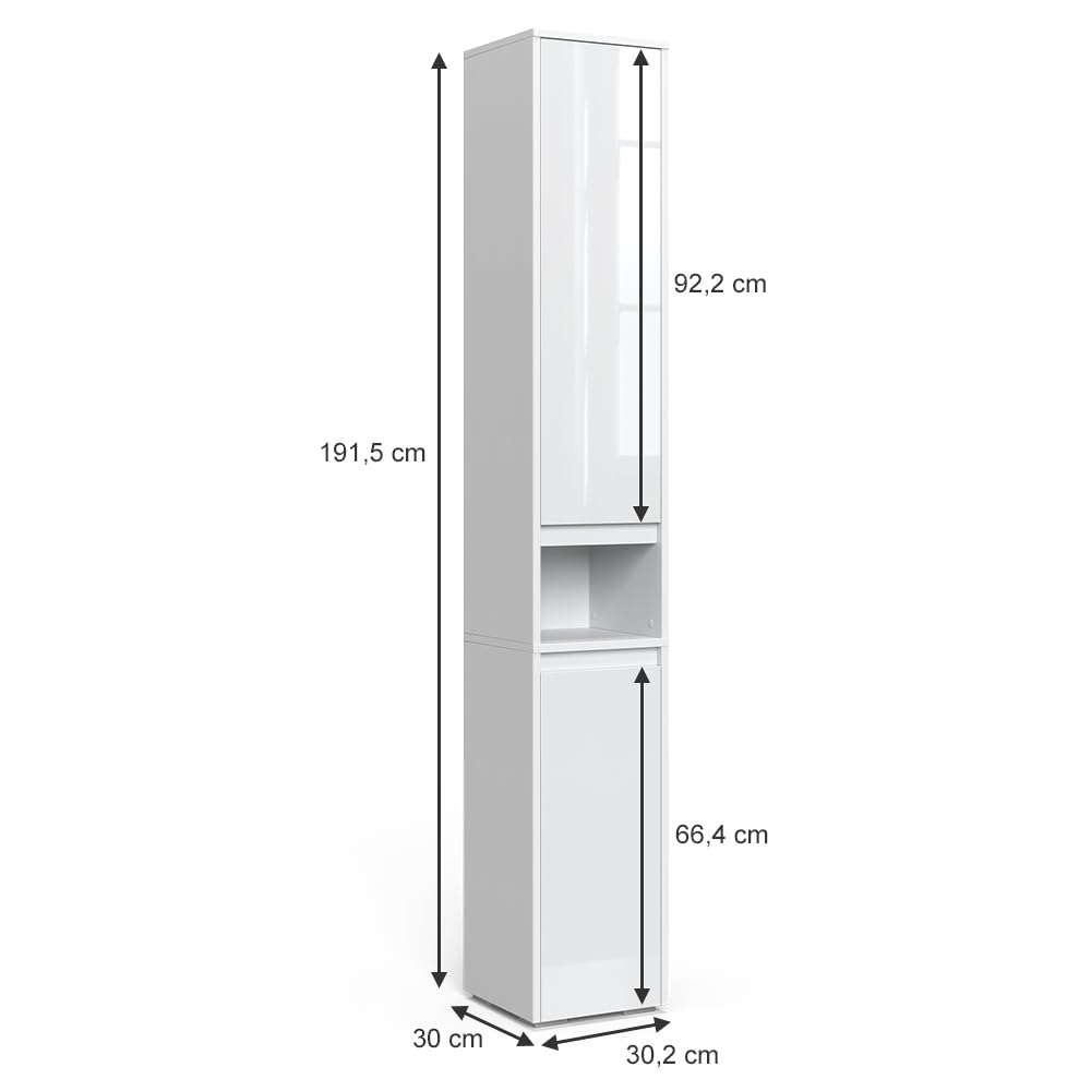 Vicco Meuble Salle de Bain Majest, Blanc Haute Brillance, 30.2x191.5cm | avec portes et compartiment ouvert, pour le rangement avec six étagères réglables