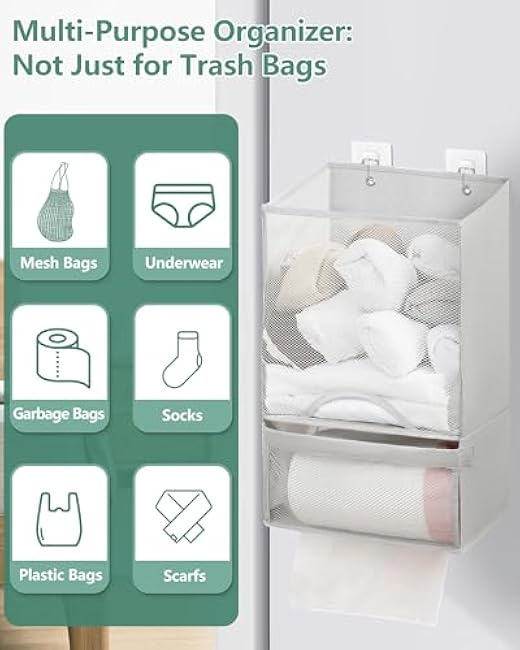 Bag Saver - Extra Large 2 in 1 Plastic Bag Holder Storage, Durable Mesh Grocery Hanging Trash Dispenser Roll Organizer for Home Kitchen/Bathroom/Laundry, Multi-purpose for Daily, Wall Mount