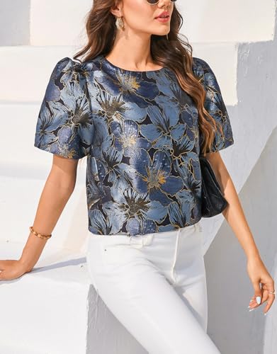 Kedera Women's Floral Jacquard Shirt Crewneck Puff Sleeve Blouse Elegant Work Shift Tops4