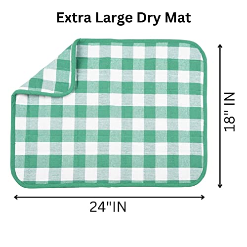 Image of Dish Drying Mat for Kitchen Utensils, Reversible Absorbant Cotton Checks Drying Mats, Washable, Counter top Cushion Pad Tableware, 46x61 Cms, Green by Lushomes (18x24 Inches, Set of 2)