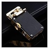 レザーレトロロッカーアームライター、灯油詰め替え可能ヴィンテージトレンチライター、男性、お父さん、夫への最高のギフト (灯油は含まれません) (Color : Black)